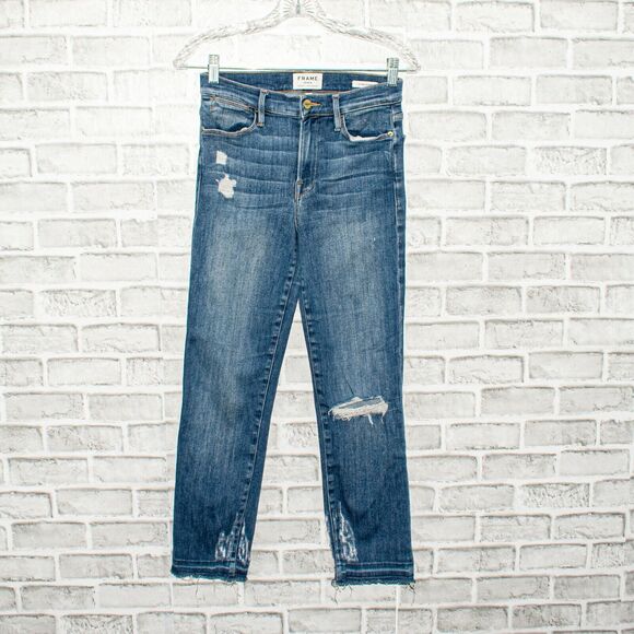 FRAME Denim Le High Straight Jeans Cropped Ripped Alpine Peak size 27 - Picture 1 of 11